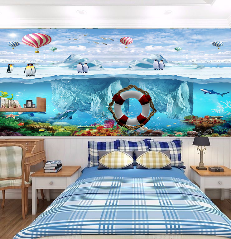 Home Decor Blue Ocean Wallpaper Rolls for Kid's Bedroom Decor Underwater World Self-adhesive PVC Wallpaper