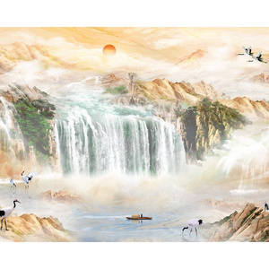 Luxury modern waterfall landscape painting pvc adhesive wall paper 3d home decor wallpaper for living room