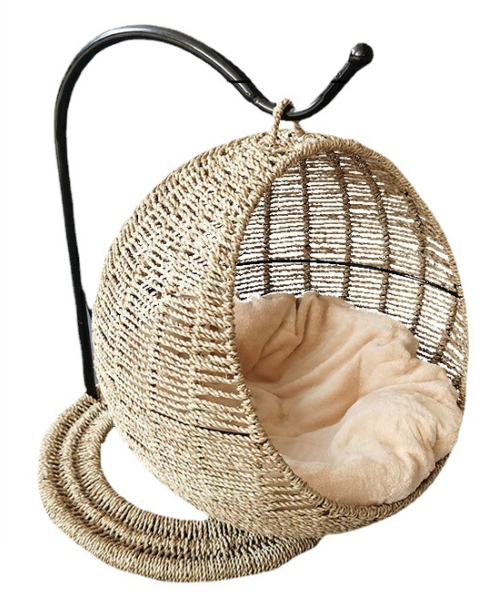 PE rattan sea grass pet cozy house swing hanging rocking cage metal rack cat chairs bed nest small animals cotton cushion