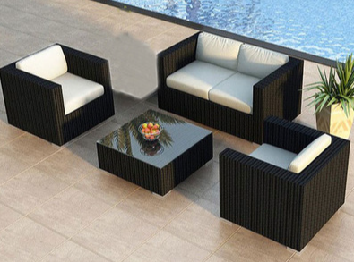 6 Piece Rattan Furniture Set Outdoor Garden Backyard Sectional Sofa Glass Table Removable Cushion All Weather PE Wicker Thick