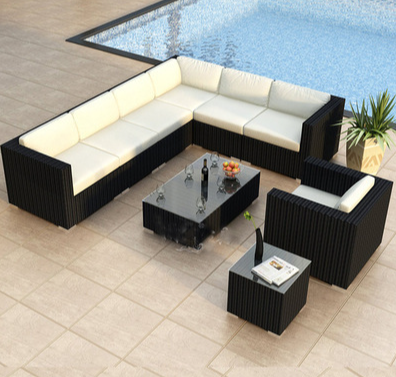 6 Piece Rattan Furniture Set Outdoor Garden Backyard Sectional Sofa Glass Table Removable Cushion All Weather PE Wicker Thick