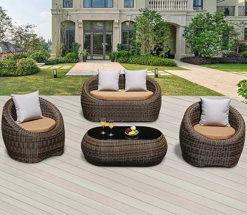 All-Weather Wicker Furniture Sectional Sofa Set Washable Cushions For Backyard Porch Villa Playground Round Rattan Sofa