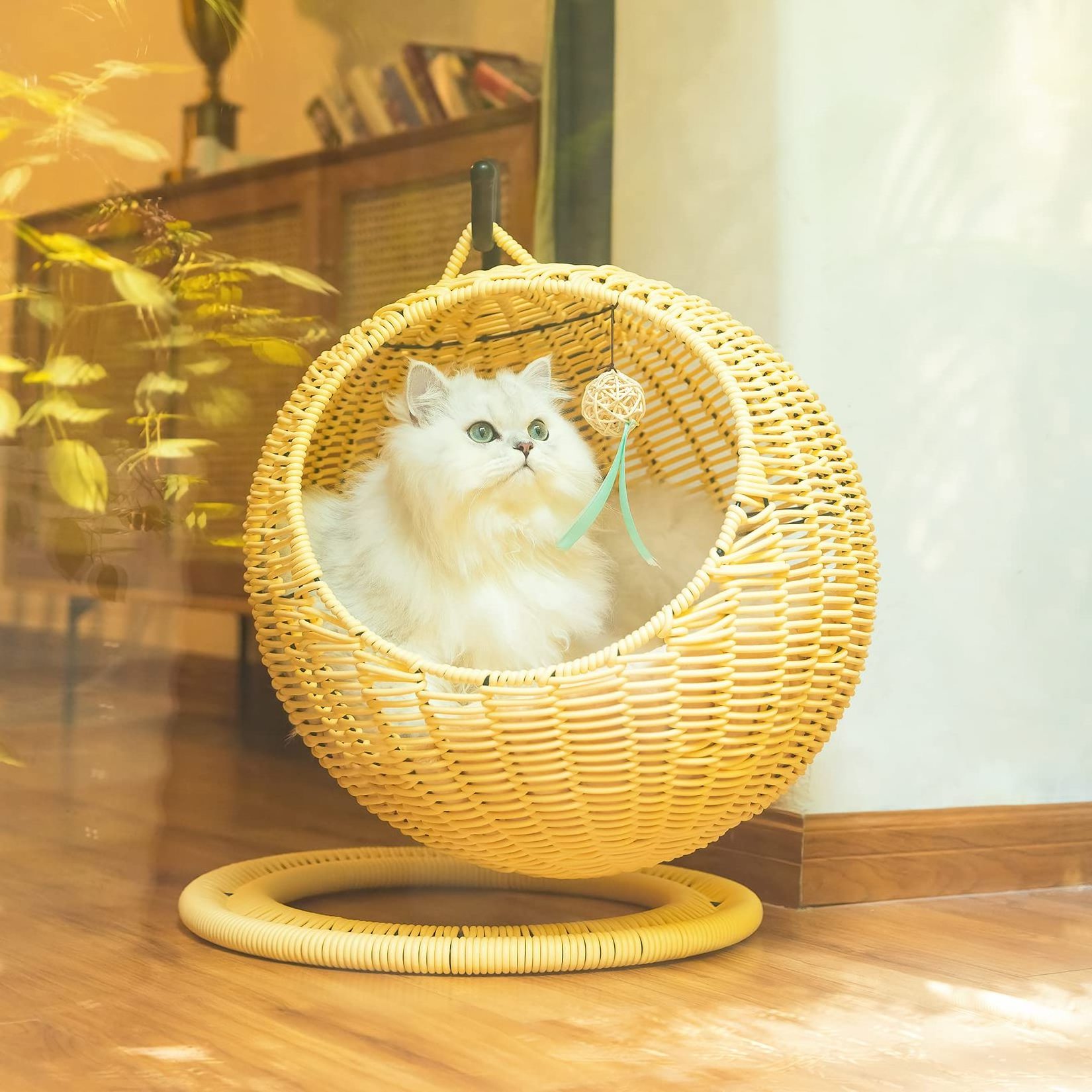 Synthetic PE Rattan Pet Hanging Hammock Swing Bed For Small Dogs And Cats With Cushion Handmade Wicker Cat Bed