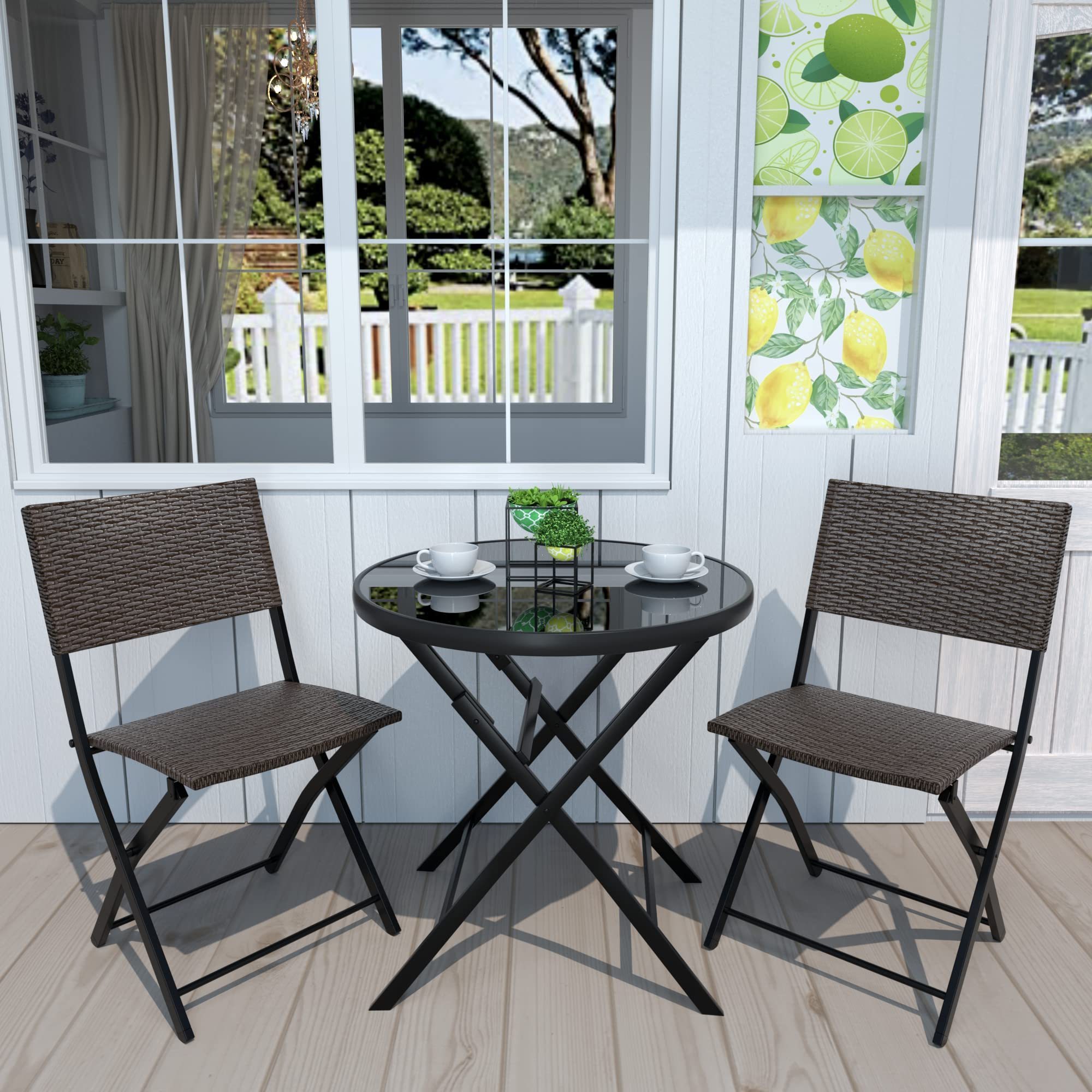 Garden Sets Outdoor Furniture Rattan Bistro Chair Tempered Glass Table Set