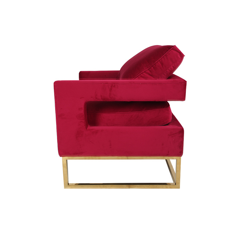 Red Velvet Arm Chair Accent Mid-Century Modern Single Lounge Chair With Metal Frame in Gold Finishing