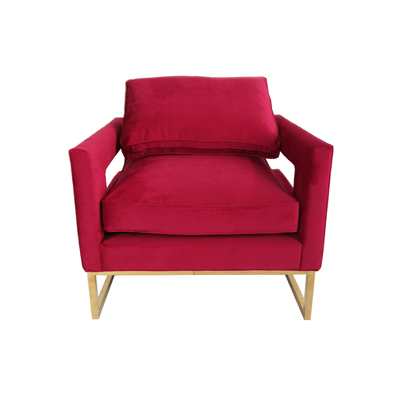 Red Velvet Arm Chair Accent Mid-Century Modern Single Lounge Chair With Metal Frame in Gold Finishing