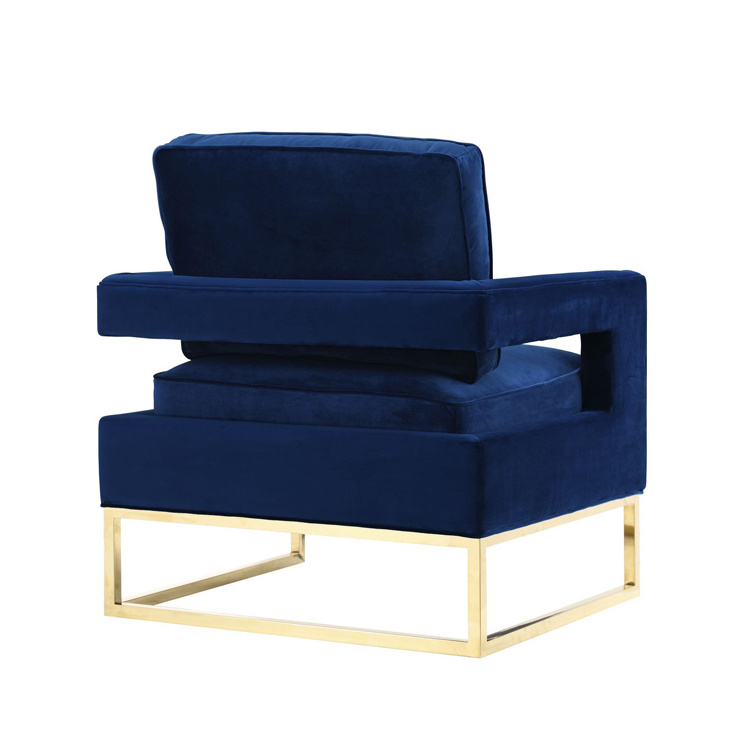 High quality customized leisure navy blue modern velvet tufted accent chair rose gold arm chair