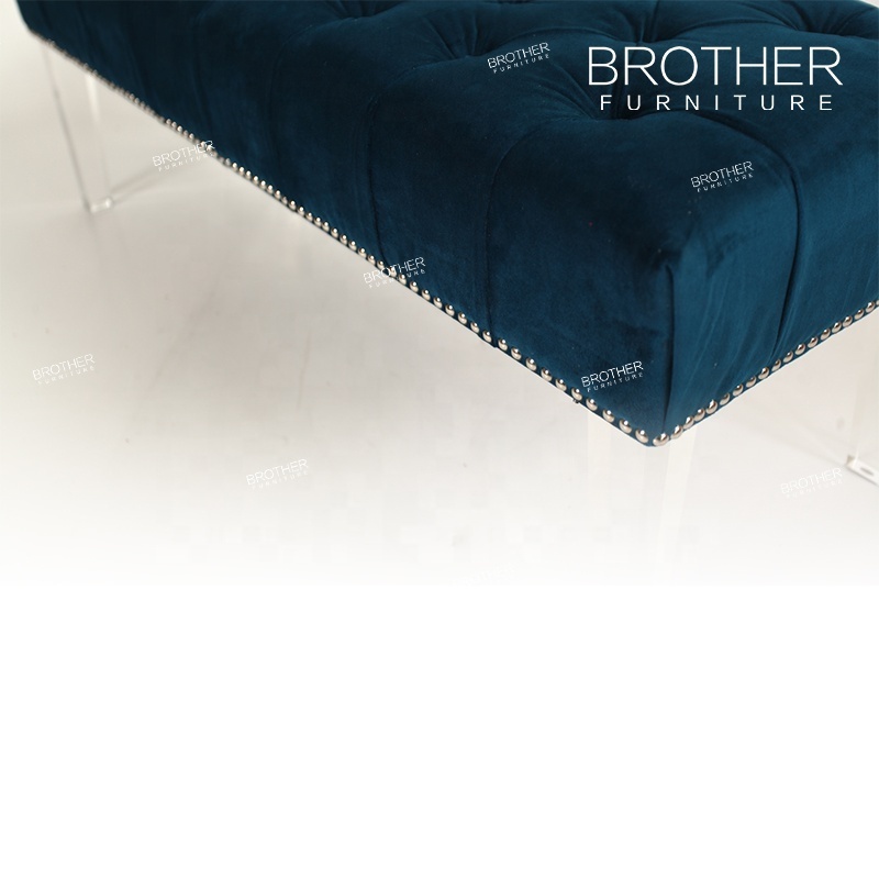 Hot sale modern style tufted blue velvet bedroom bench high back with acrylic legs