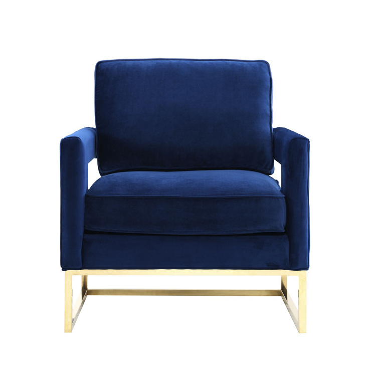 High quality customized leisure navy blue modern velvet tufted accent chair rose gold arm chair