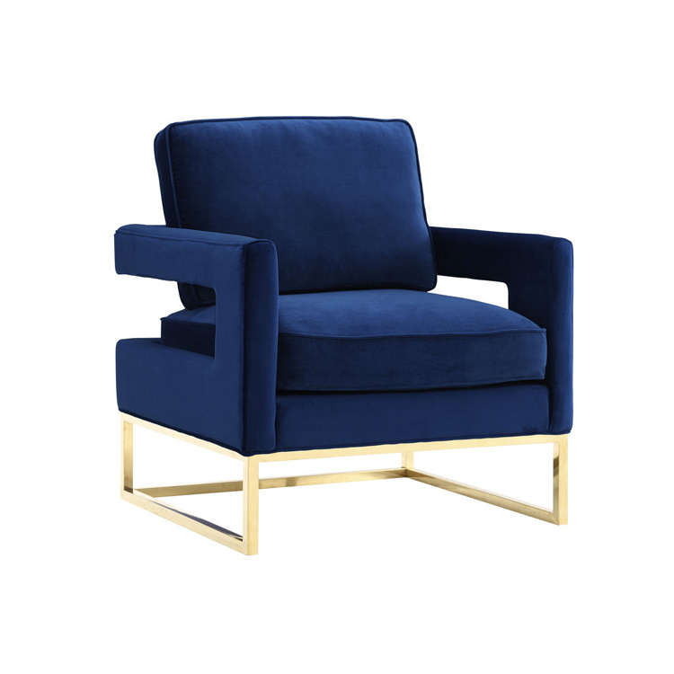 High quality customized leisure navy blue modern velvet tufted accent chair rose gold arm chair