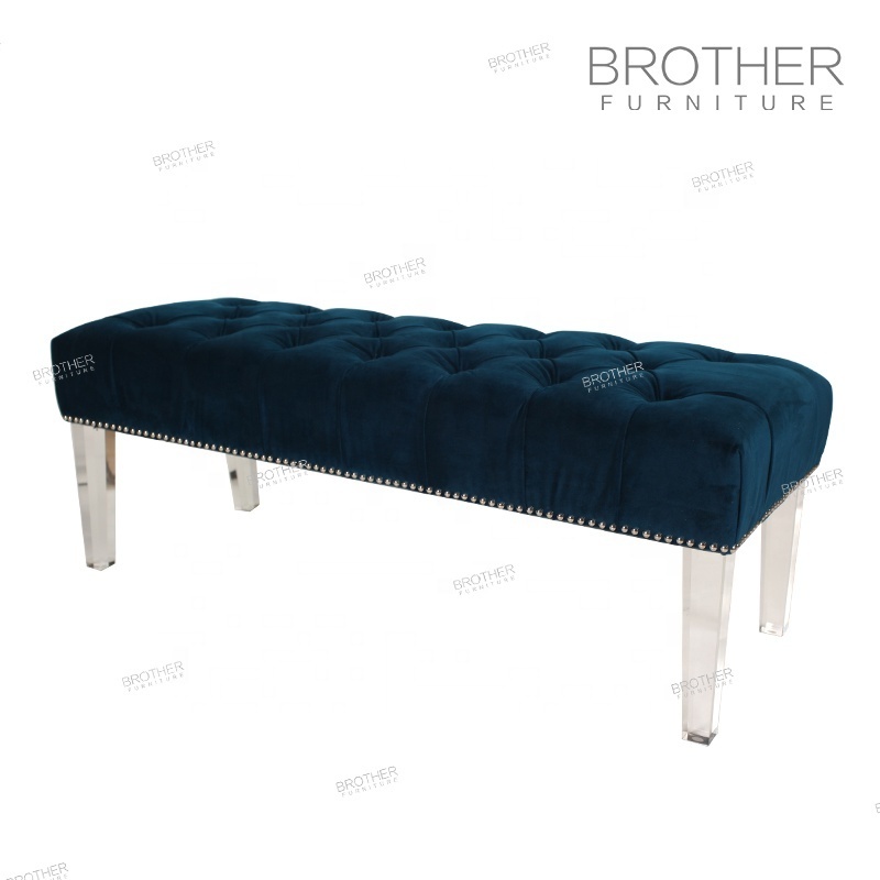 Hot sale modern style tufted blue velvet bedroom bench high back with acrylic legs