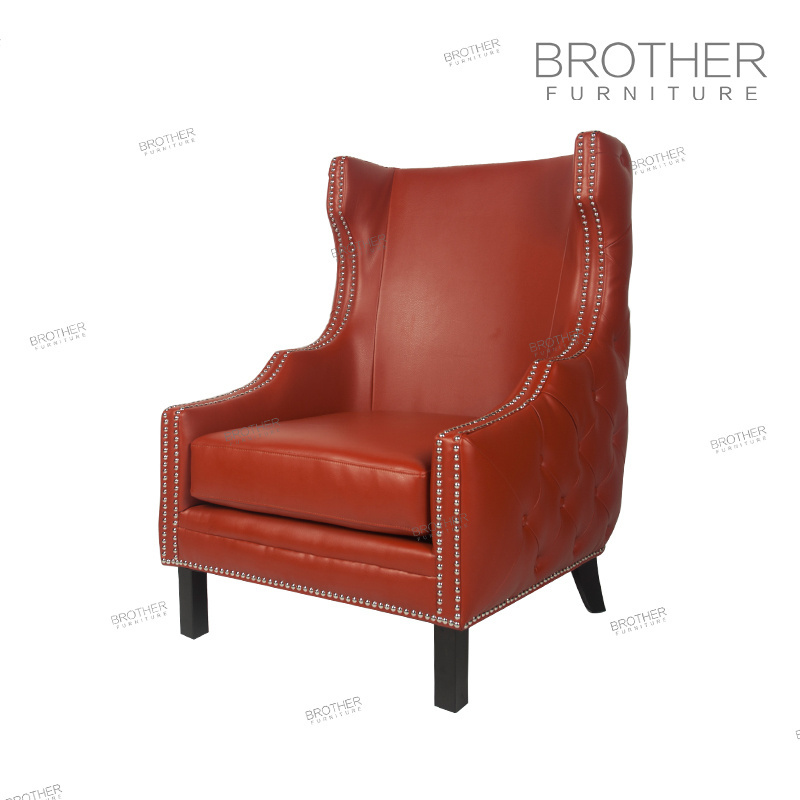 Leather arm wood pu chesterfield queen anne high back wing chair