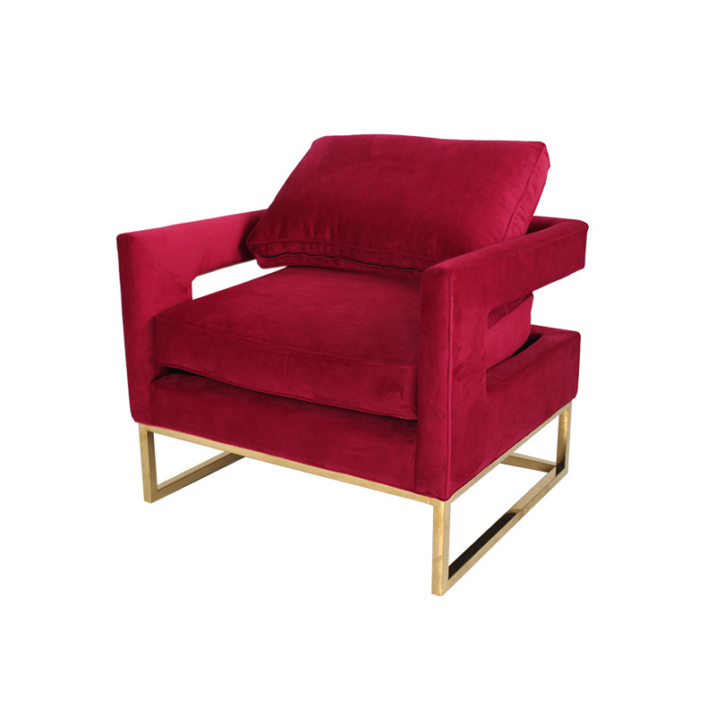 Red Velvet Arm Chair Accent Mid-Century Modern Single Lounge Chair With Metal Frame in Gold Finishing