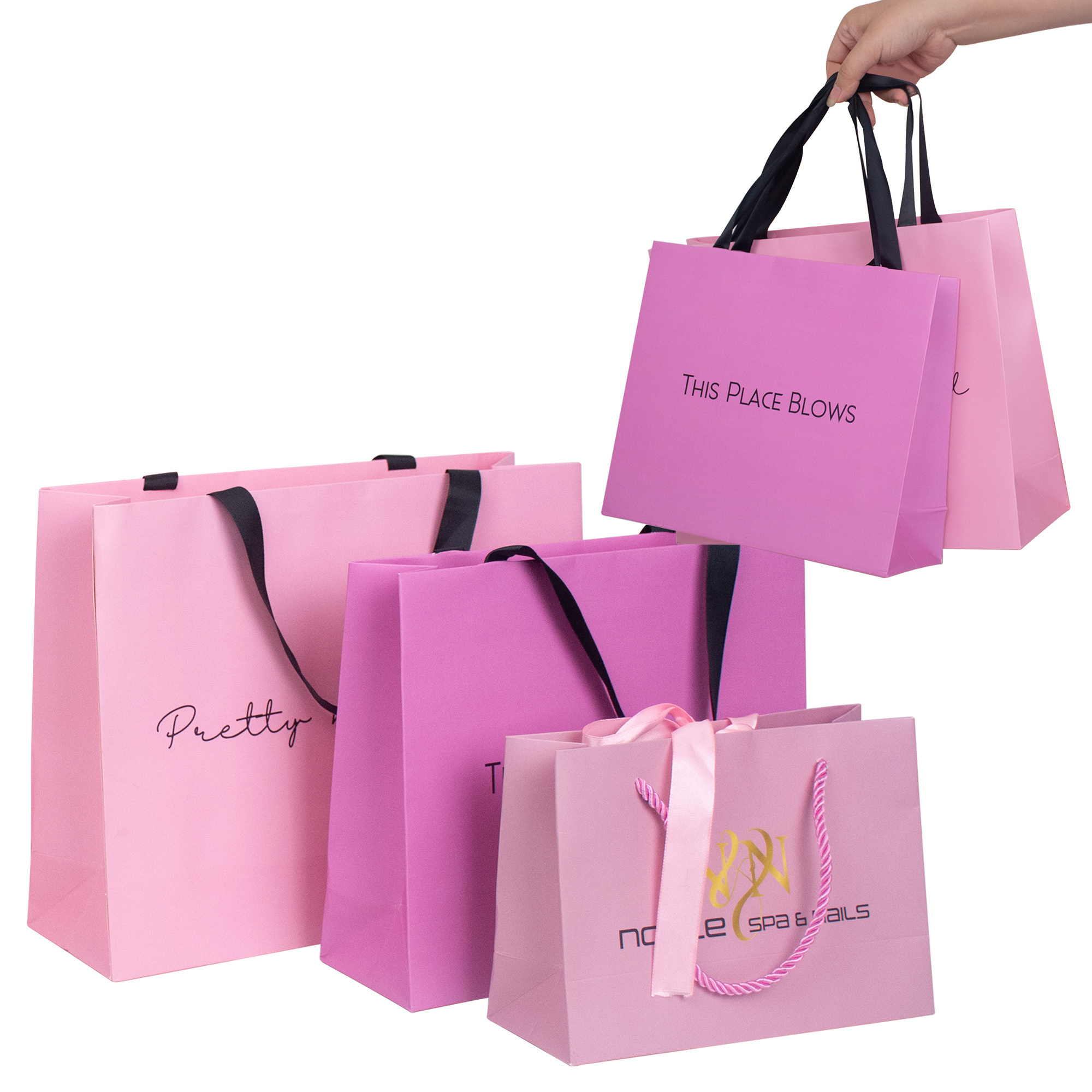 Luxury brand custom logo shoe boutique pink packaging gift paper shopping bag for clothes