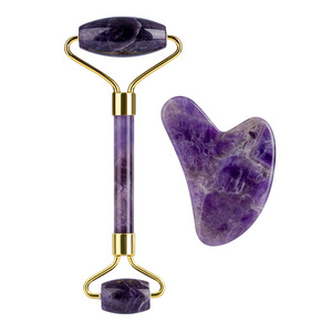 Amethyst  roller guasha set with box rose quartz  jade roller gua sha beautiful facial jade stone roller set