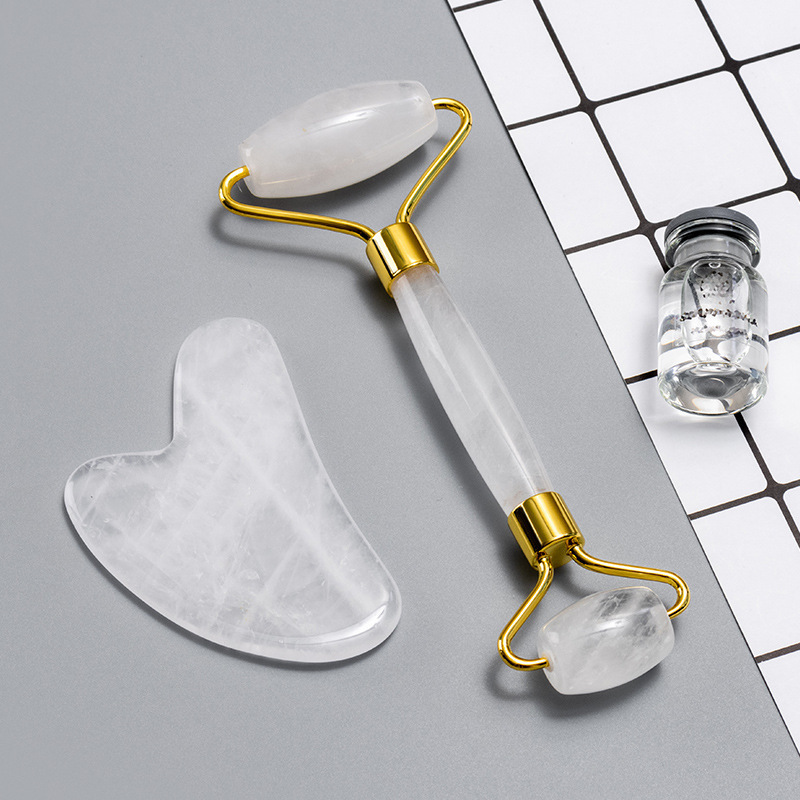 Factory wholesale crystal jade facial beauty face massage rose quartz roller gua sha set jade roller for face