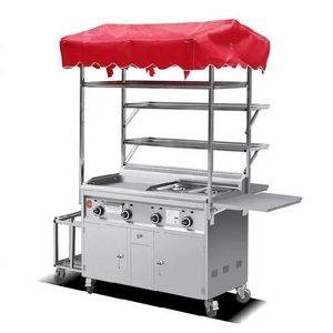 Multi function stainless steel trolley Mobile Gas Food Stall Cart French Fries Vehicle Grill And 2 Fryers Food Cart