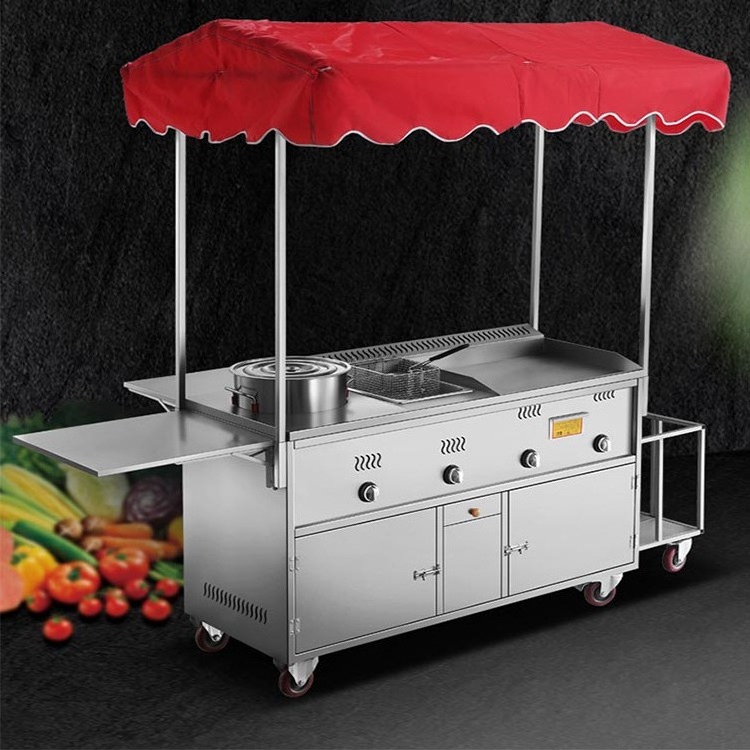 Multi function stainless steel trolley Mobile Gas Food Stall Cart French Fries Vehicle Grill And 2 Fryers Food Cart