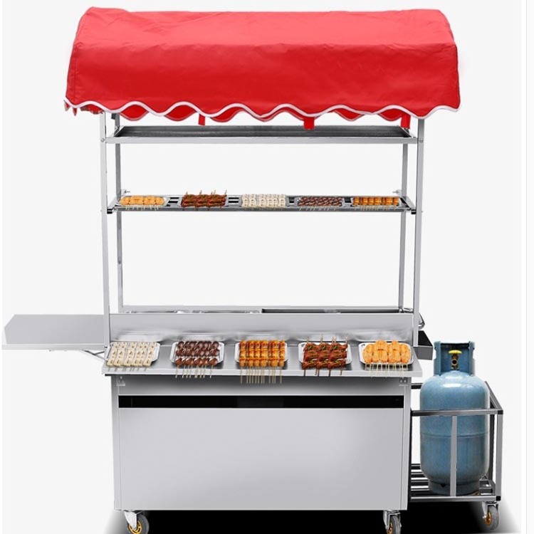 Multi function stainless steel trolley Mobile Gas Food Stall Cart French Fries Vehicle Grill And 2 Fryers Food Cart