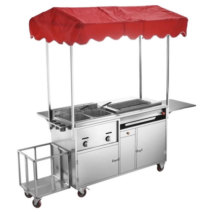 Multi function stainless steel trolley Mobile Gas Food Stall Cart French Fries Vehicle Grill And 2 Fryers Food Cart