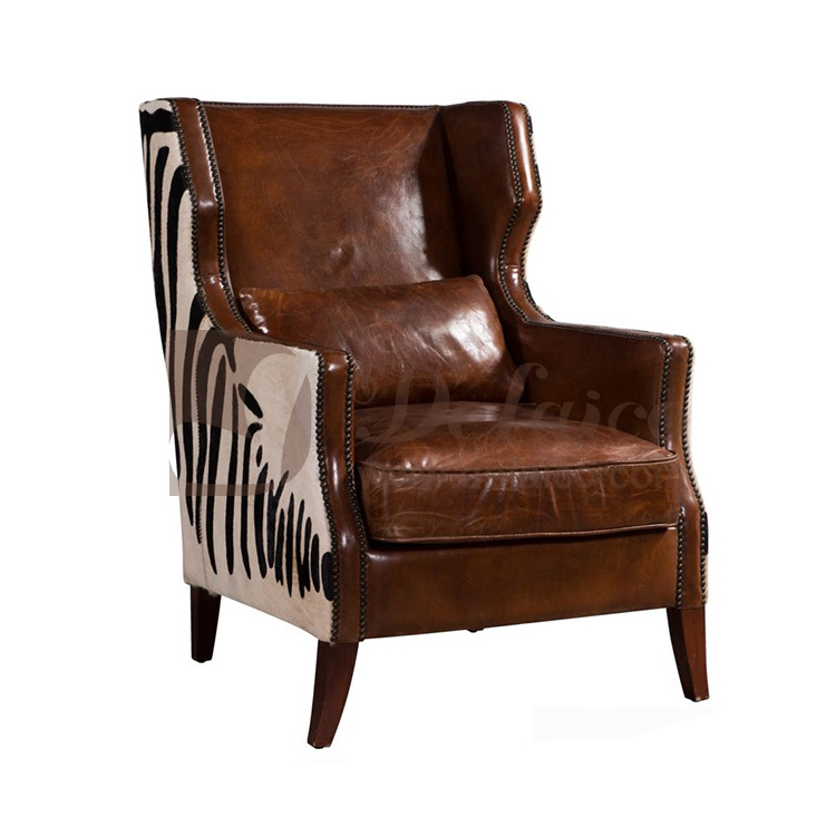 Living Room Waiting Room Modern Zebra Fur Leather Back Wing Chair With Ottoman