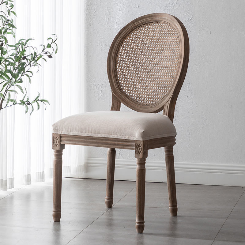 French Style Country Cane Back Round Dining Chair Solid Wood Upholstered Seat Dining Chairs for Restaurant Project