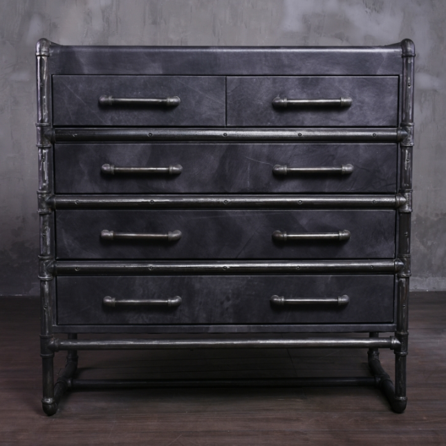 Industrial Water Pipe Vintage Leather Chest of Drawer Cabinet