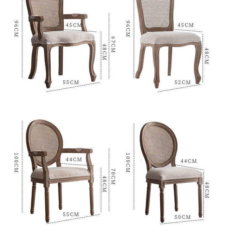 French Style Country Cane Back Round Dining Chair Solid Wood Upholstered Seat Dining Chairs for Restaurant Project