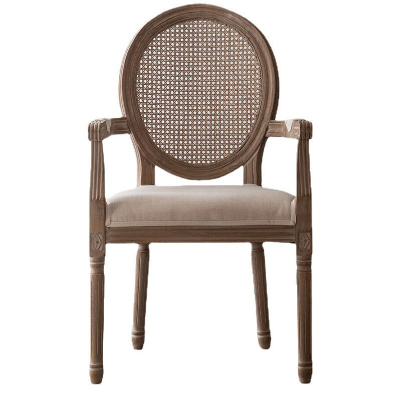 French Style Country Cane Back Round Dining Chair Solid Wood Upholstered Seat Dining Chairs for Restaurant Project