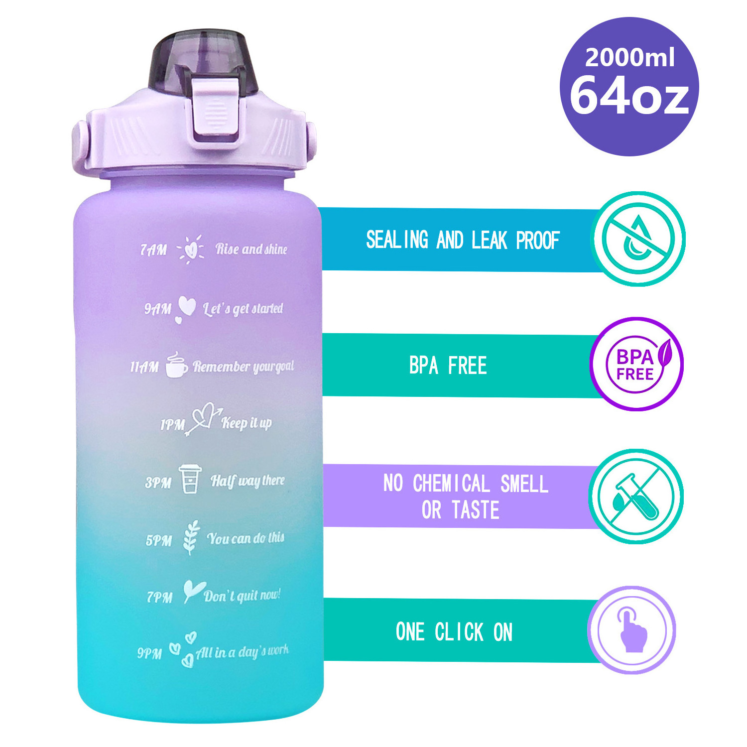 2L BPA Free Sports Plastic Motivational Water Bottle with Straw Lid and Time Marker