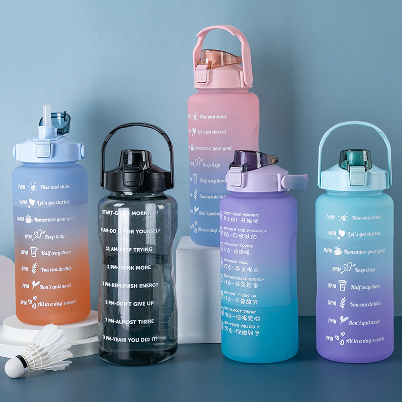 2L BPA Free Sports Plastic Motivational Water Bottle with Straw Lid and Time Marker