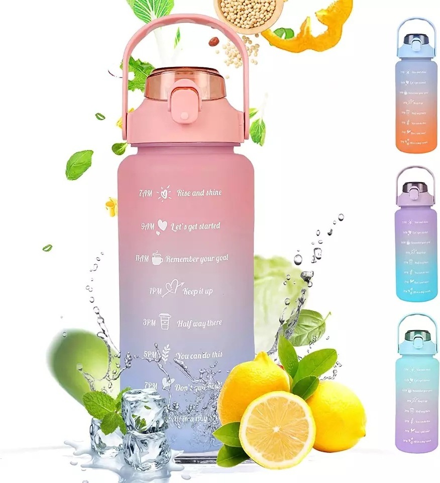 2L BPA Free Sports Plastic Motivational Water Bottle with Straw Lid and Time Marker