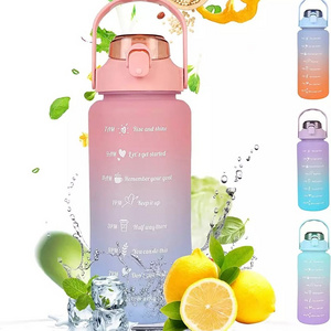 2L BPA Free Sports Plastic Motivational Water Bottle with Straw Lid and Time Marker