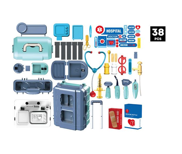 Newest Child 3in1 38pcs doctor set toy set,mobile hospital draw-bar box