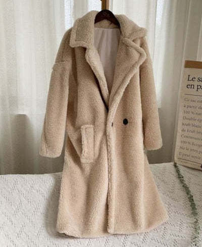 Long Sleeve Color BlockTassel Trim Teddy Faux Fur Long Coat Women