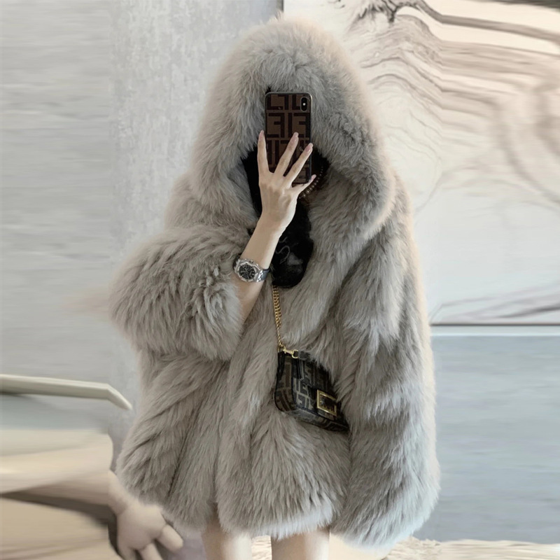 2023 Real Rex Rabbit Fur Jacket Overcoat Ladies Chinchilla Fashion Winter Warm Women Hooded Fur Coat