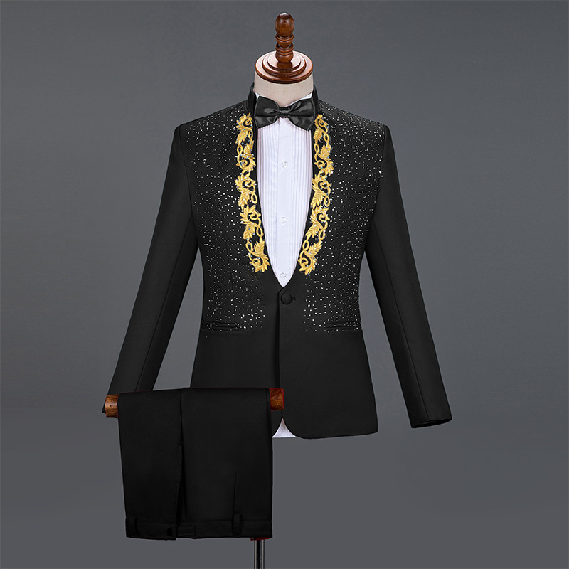 Mens Grooms Weddings Blazer Pants Set 2 Pieces Stand-up Collar Sequin Singer Host Costume Stage Chorus Men's Dress Suit