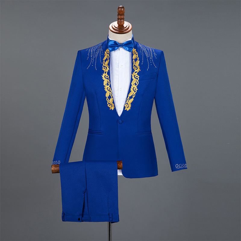 Mens Grooms Weddings Blazer Pants Set 2 Pieces Stand-up Collar Sequin Singer Host Costume Stage Chorus Men's Dress Suit