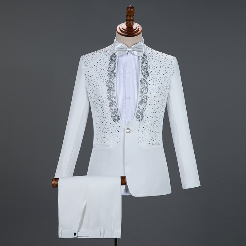 Mens Grooms Weddings Blazer Pants Set 2 Pieces Stand-up Collar Sequin Singer Host Costume Stage Chorus Men's Dress Suit