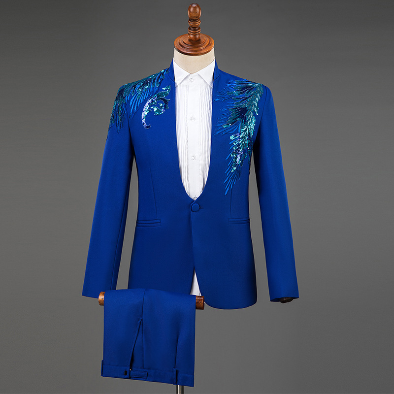 Mens Grooms Weddings Blazer Pants Set 2 Pieces Stand-up Collar Sequin Singer Host Costume Stage Chorus Men's Dress Suit