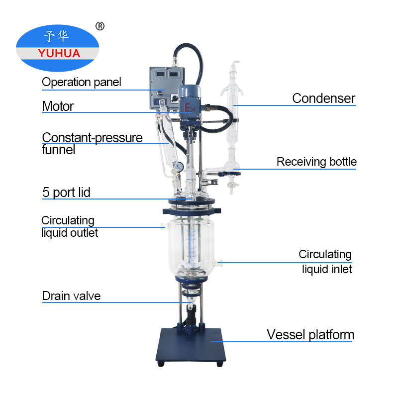 YUHUA 50l double jacketed 200 liter glass reactor clamp