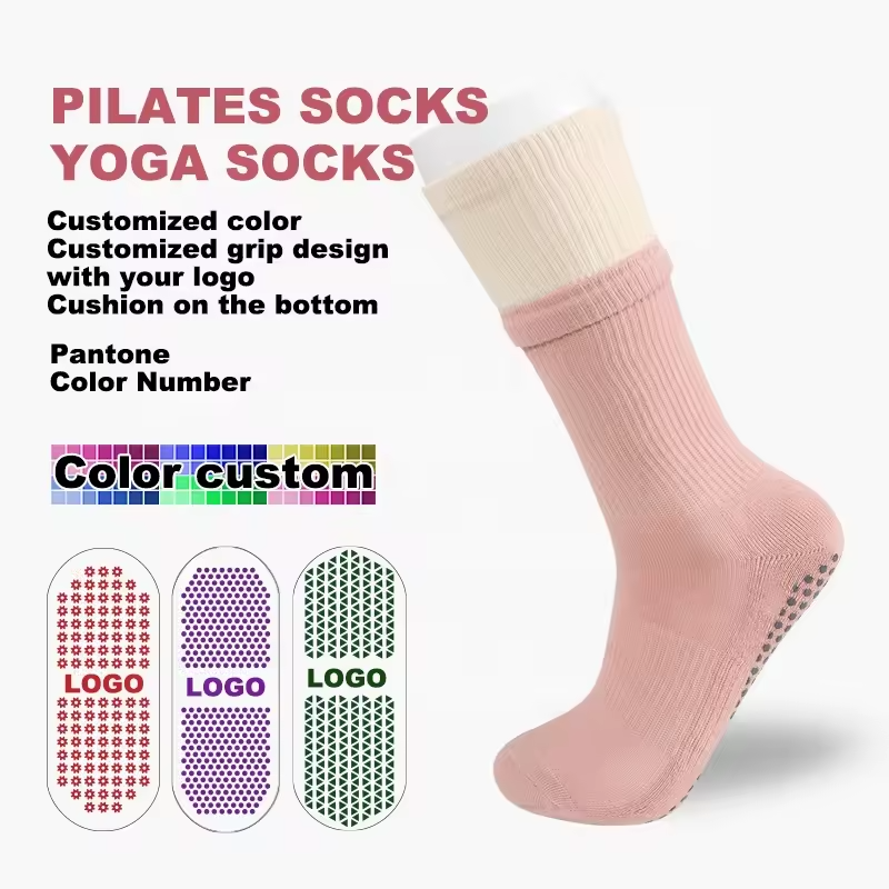 Custom logo crew pilates anti slip sock gym reformer ribbed non slip pilates yoga socks for women non-slip grips