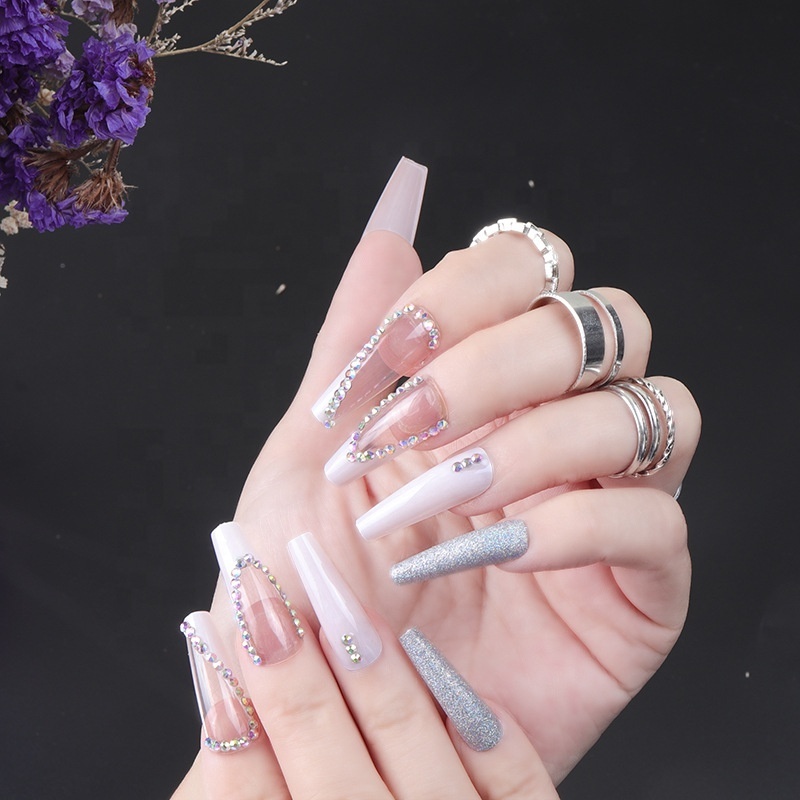 24Pcs Long Square False Nails Shiny French Artificial False Fingernail Tips Manicure Tool For Design DIY Press On Nails