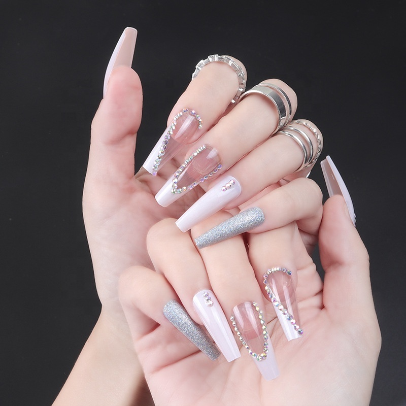 24Pcs Long Square False Nails Shiny French Artificial False Fingernail Tips Manicure Tool For Design DIY Press On Nails