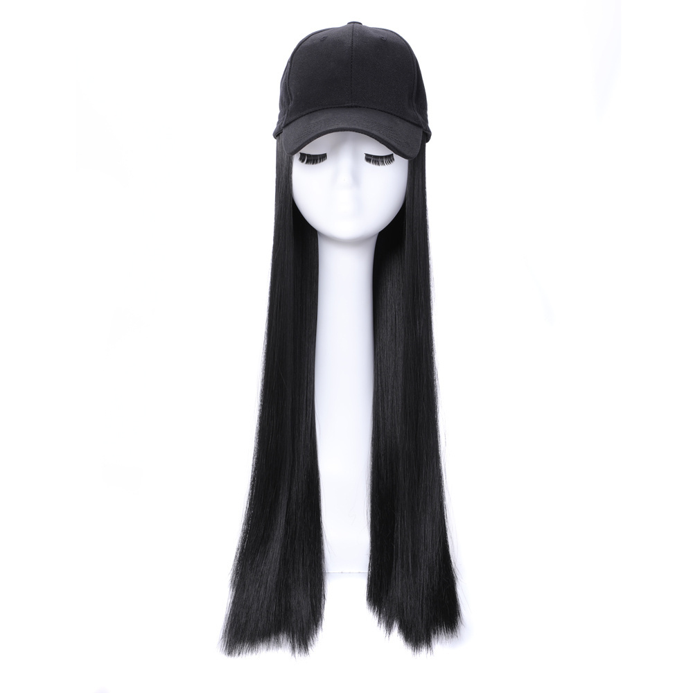 hot Long Straight Hat Wig Black synthetic  Hair Ball Hat Casual Hat with Wig for Women