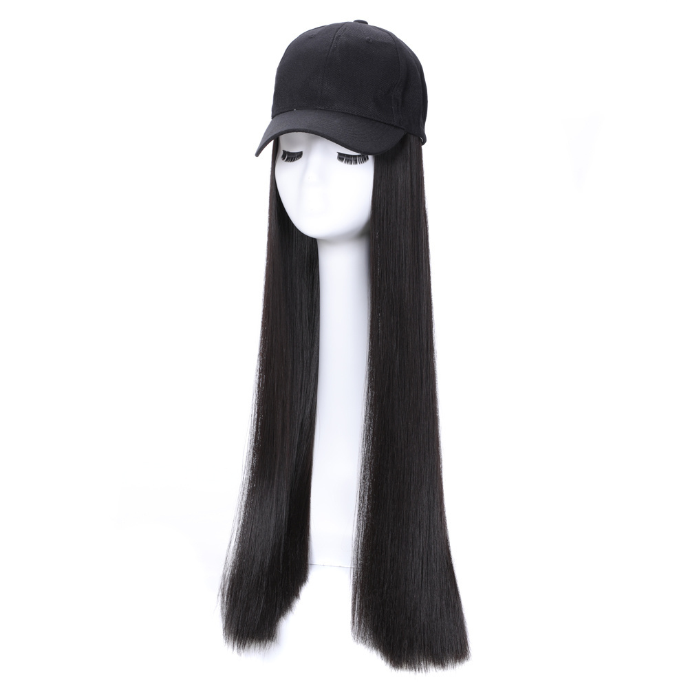 hot Long Straight Hat Wig Black synthetic  Hair Ball Hat Casual Hat with Wig for Women