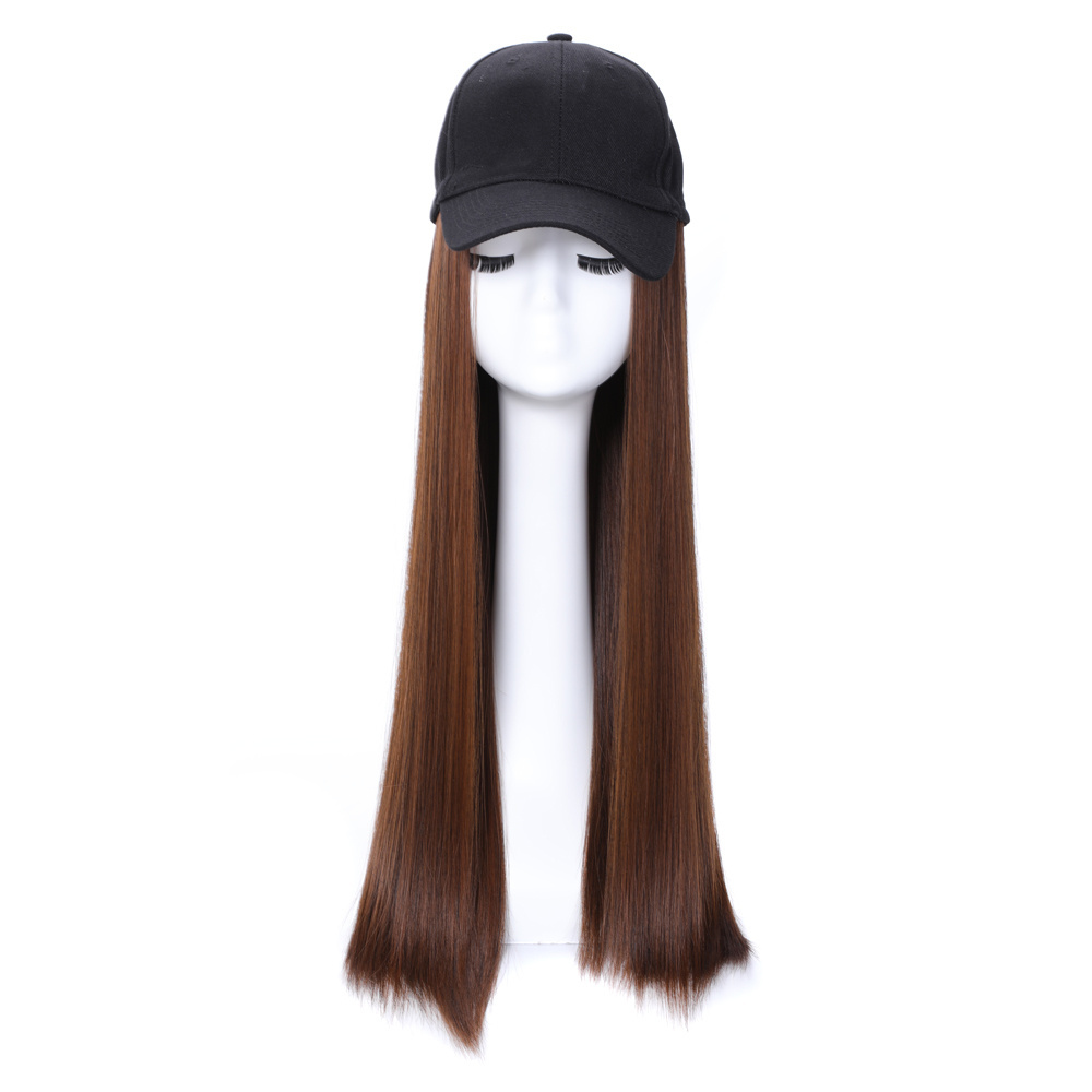 hot Long Straight Hat Wig Black synthetic  Hair Ball Hat Casual Hat with Wig for Women