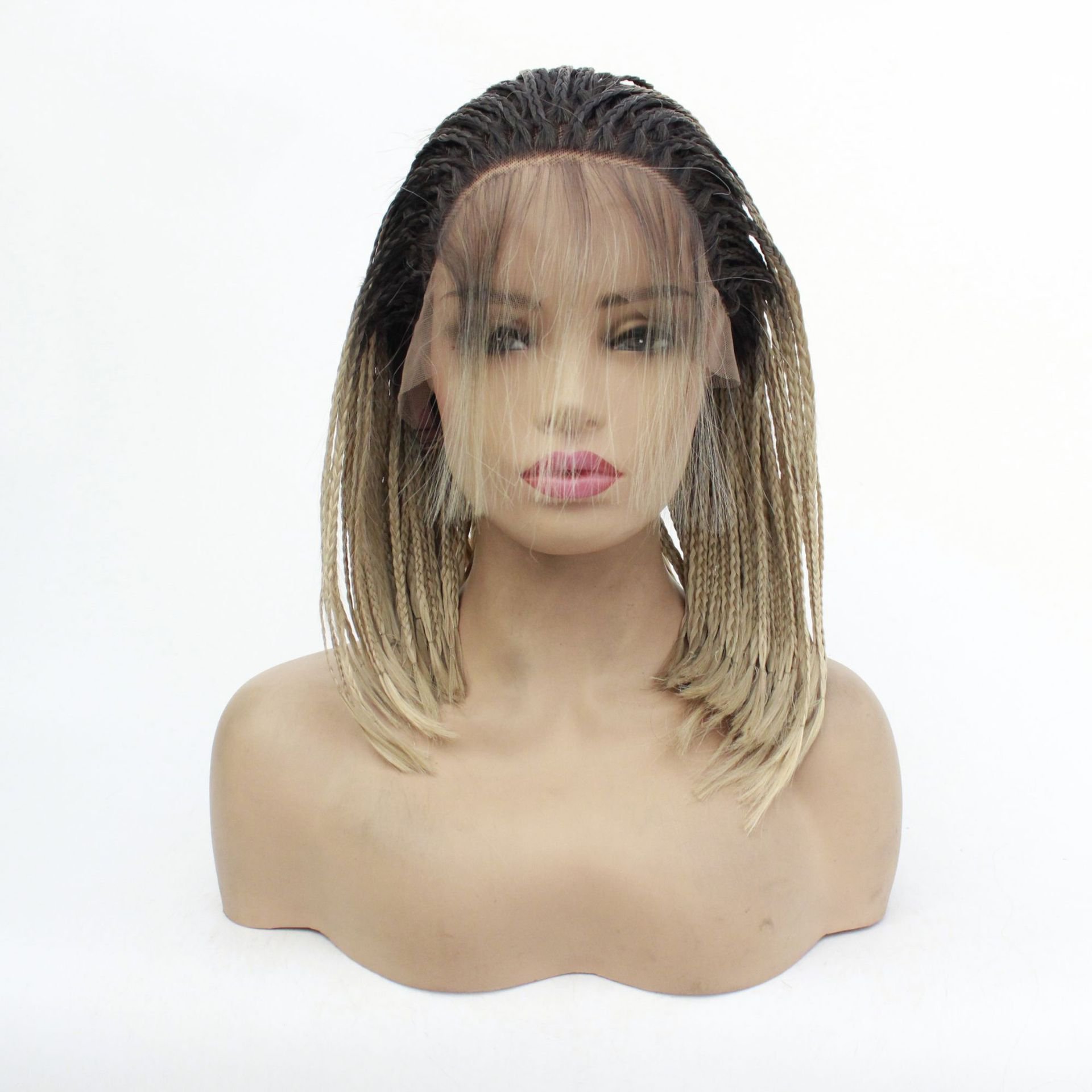 cheap short bob braid synthetic wig ,  short hand made blonde Braid Lace Front Wig for black Women