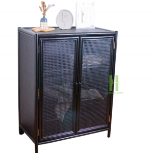 Natural Black Rattan Kitchen Cabinet Boho Kitchen Sideboard Rattan Shelves and Cabinet for Home Living Room Handmade in Vietnam