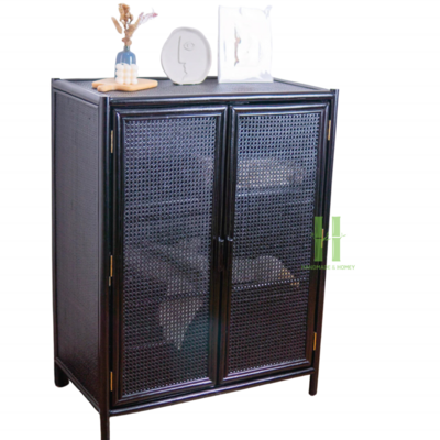 Natural Black Rattan Kitchen Cabinet Boho Kitchen Sideboard Rattan Shelves and Cabinet for Home Living Room Handmade in Vietnam